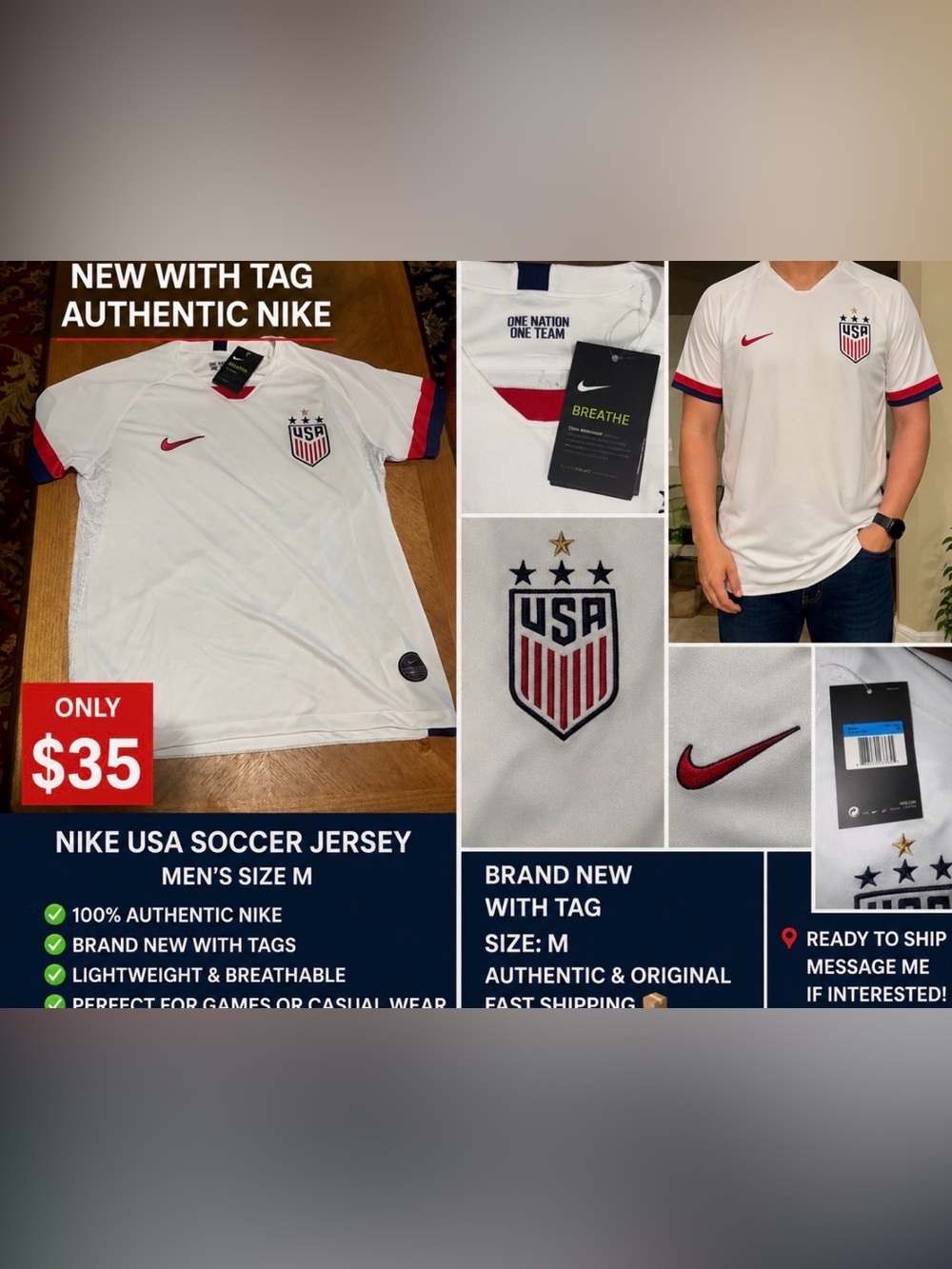 New with tag Nike White Soccer Jersey with Navy & Gold Accents